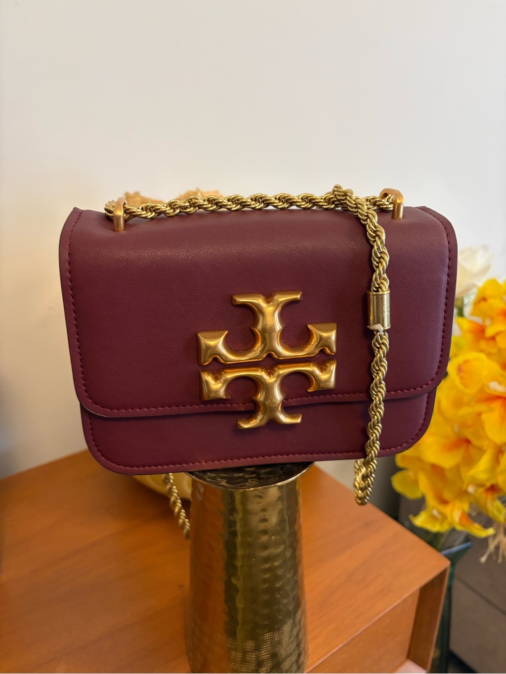 Tory Burch Small Flap Crossbody in Burgundy with Gold Hardware